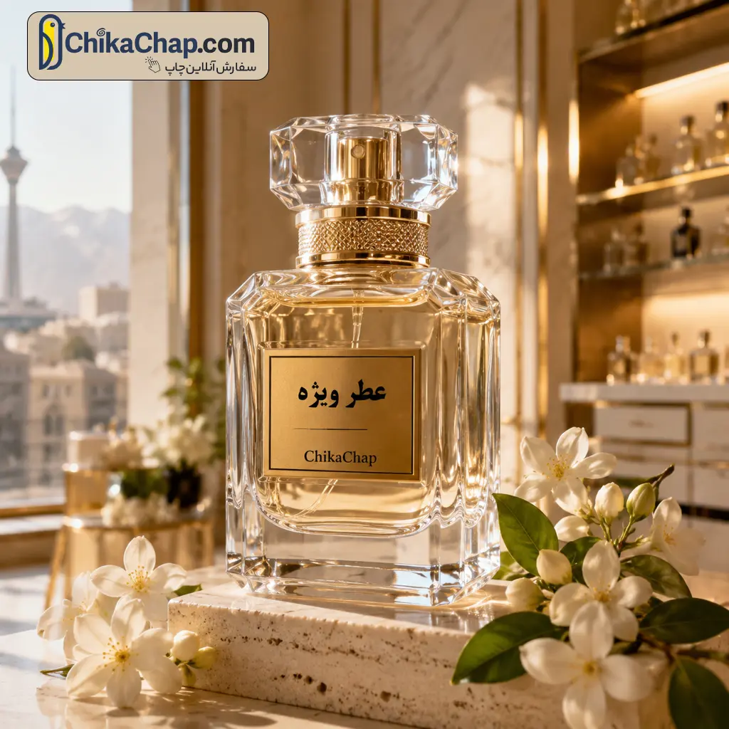 چاپ برچسب برای شیشه عطر با لیبل عطر لوکس و استیکر متالیک طلایی